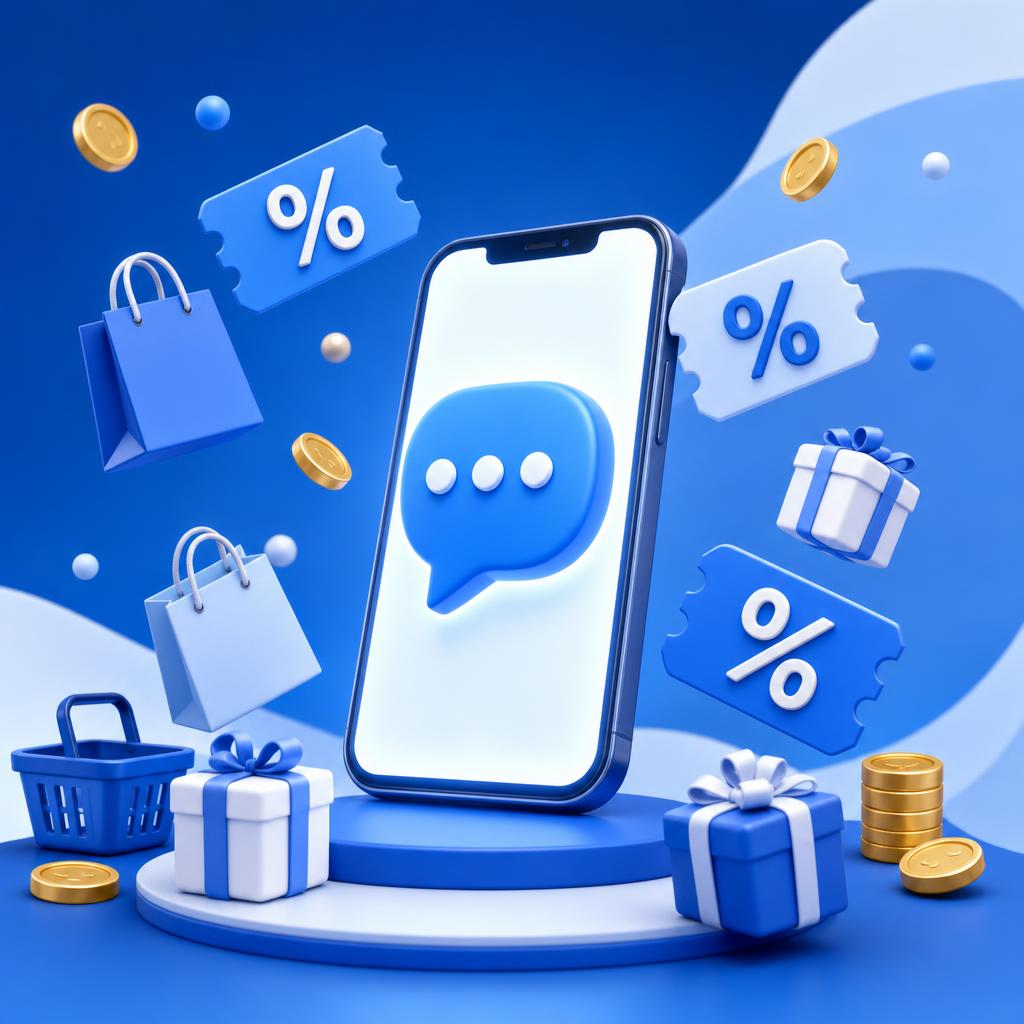 Ilustração de um smartphone recebendo promoções, cupons e ofertas no WhatsApp